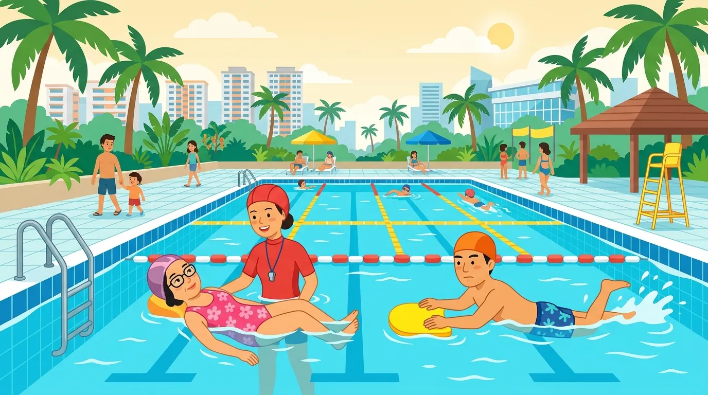 Illustration of a swim coach teaching adult learners at a Singapore public pool