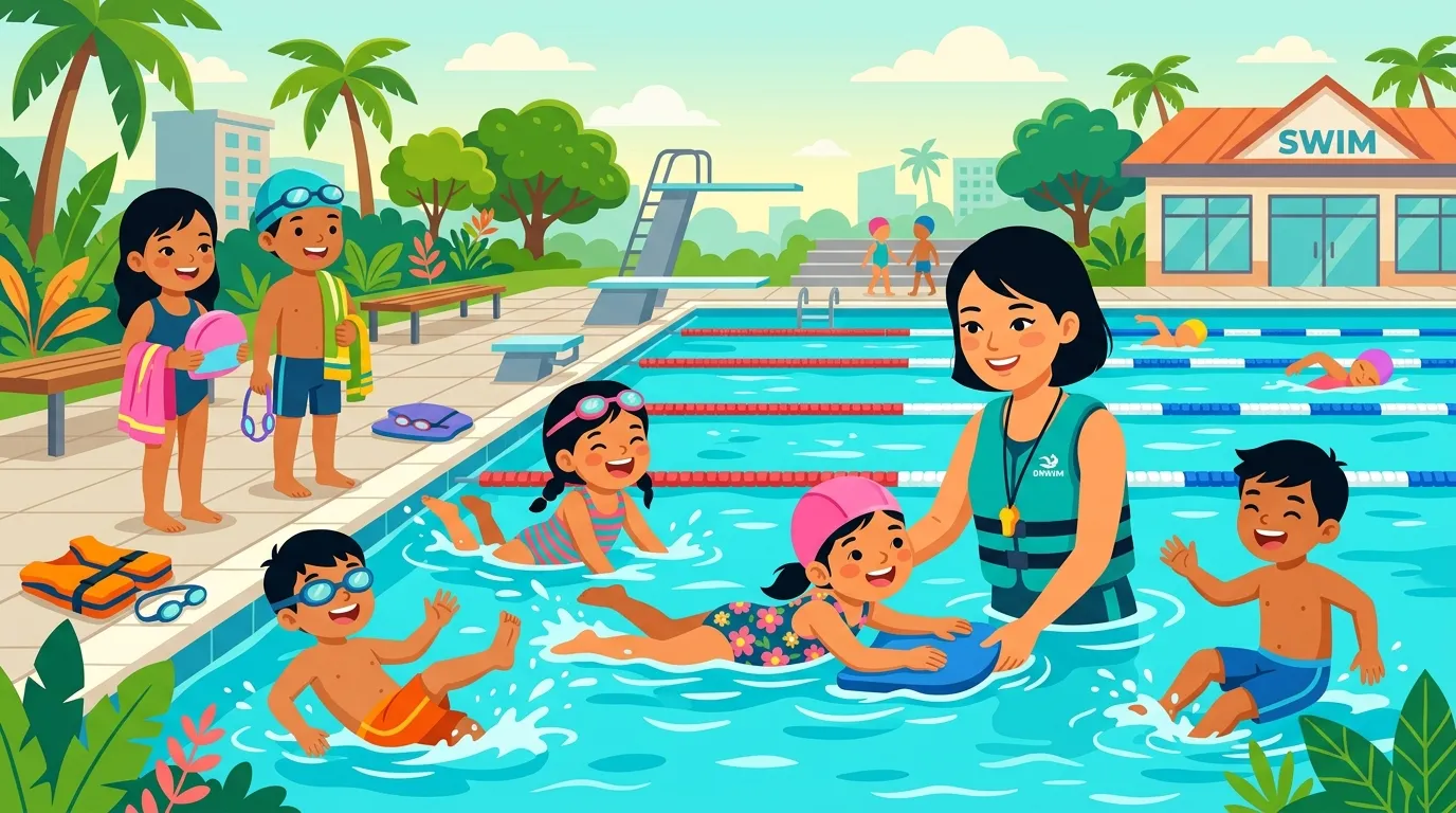Illustration of a swim coach teaching children at a Singapore public pool